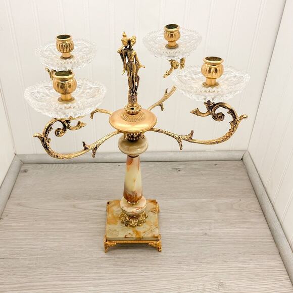 Cre-Art Other - Hollywood Regency Brass Candelabra with Onyx Gilt Bronze and Cut Glass Cre-Art